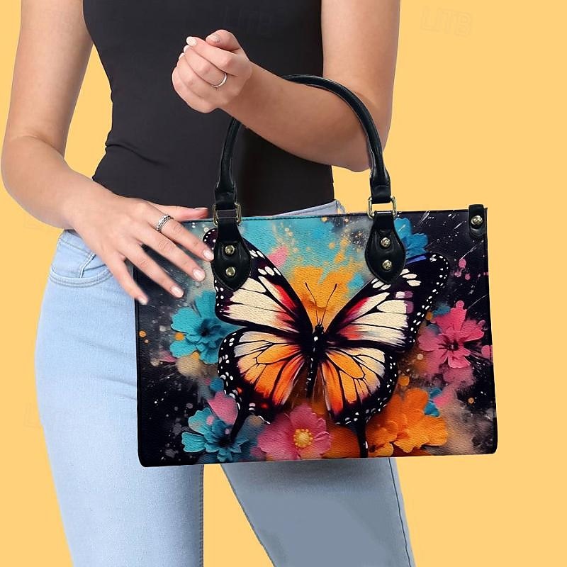 Dam Handväska Crossbody-väska Axelväska Boston väska PU läder Handla Dagligen Helgdag Tryck Stor kapacitet Multi Carry Fjäril Blommor Ljusröd Blå 2025 - $54.99 –P2