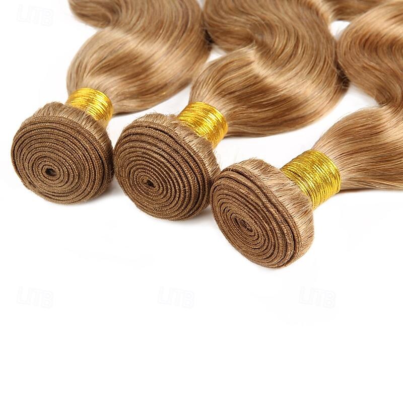 #27 Honey Blonde Human Hair Bundles with Closure Brazilian Hair Weave Bundles with Closure 10A Colored Body Wave Bundles 3PCS 2025 - $120.99 –P15