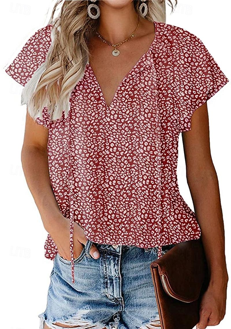 Dames Overhemd Blouse Luipaard Casual Korte mouw V-hals Normale tops Dagelijks Veters Afdrukken Zwart Geel Rood blauw Groen Zomer 2025 - $31.99 –P3