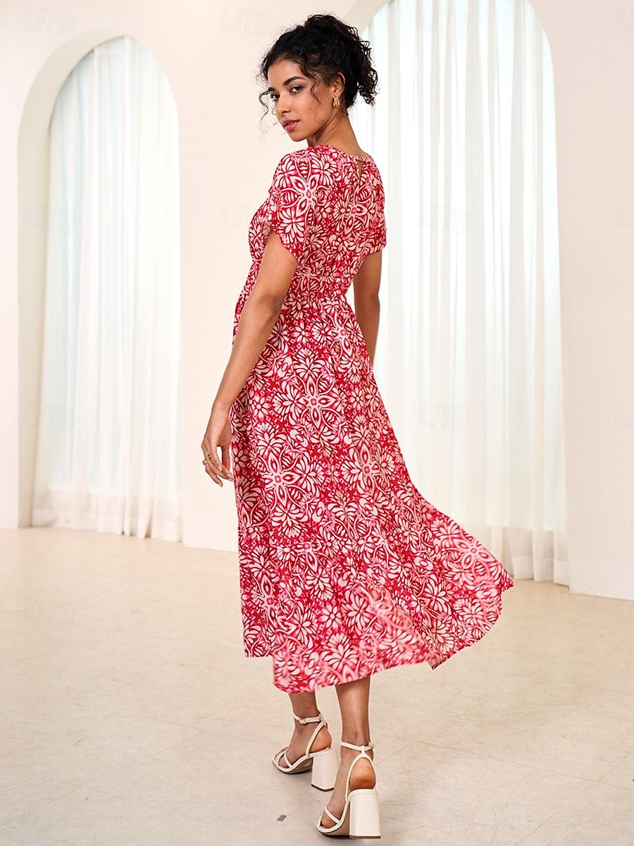 robe longue en mousseline de soie à fleurs et feuilles pour femmes, col noué, manches courtes, été de 2025 ? $7.39 –P8