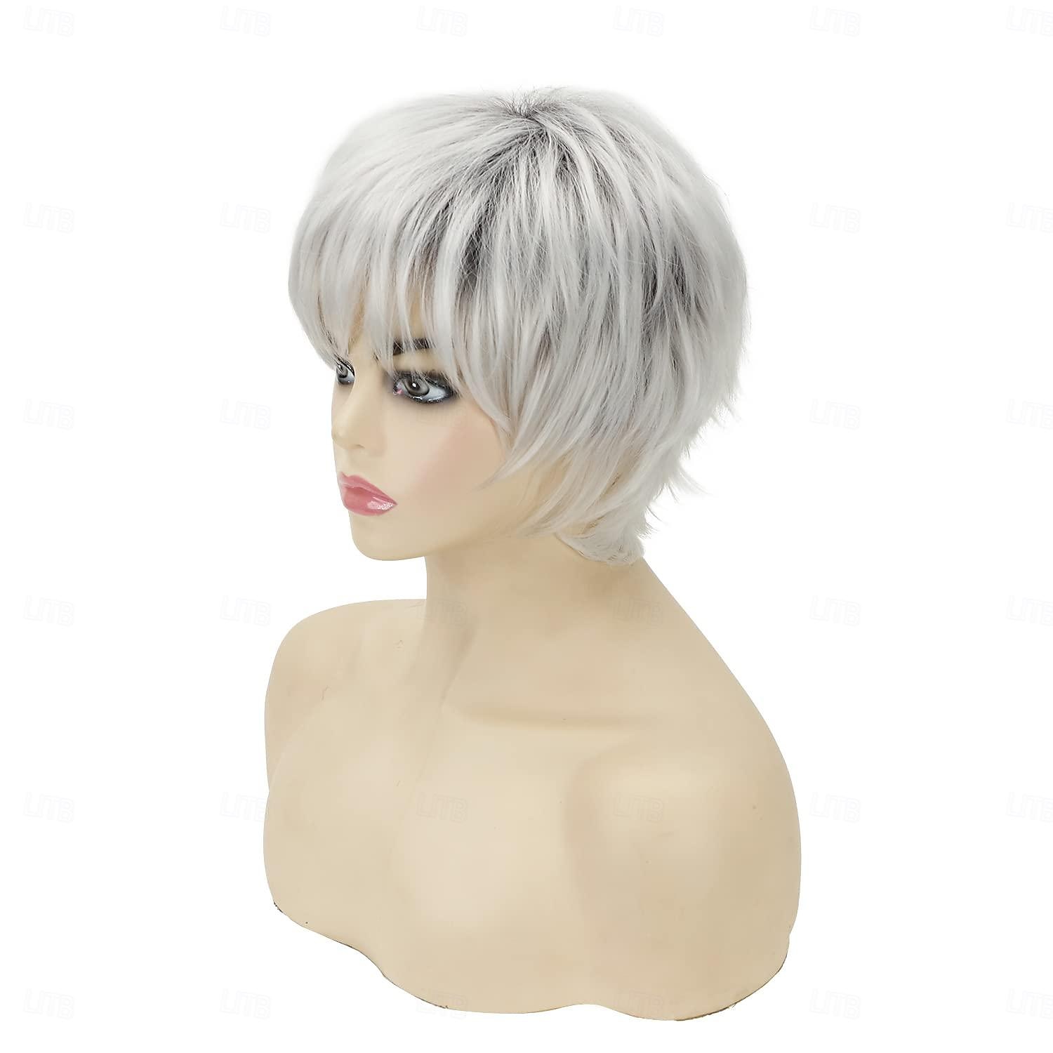 Pelucas cortas bob gris plateado para mujeres blancas peluca recta pixie bob con flequillo longitud de la barbilla resaltado rubio peluca de aspecto natural peluca sintética para fiesta diaria 2025 - $18.49 –P2