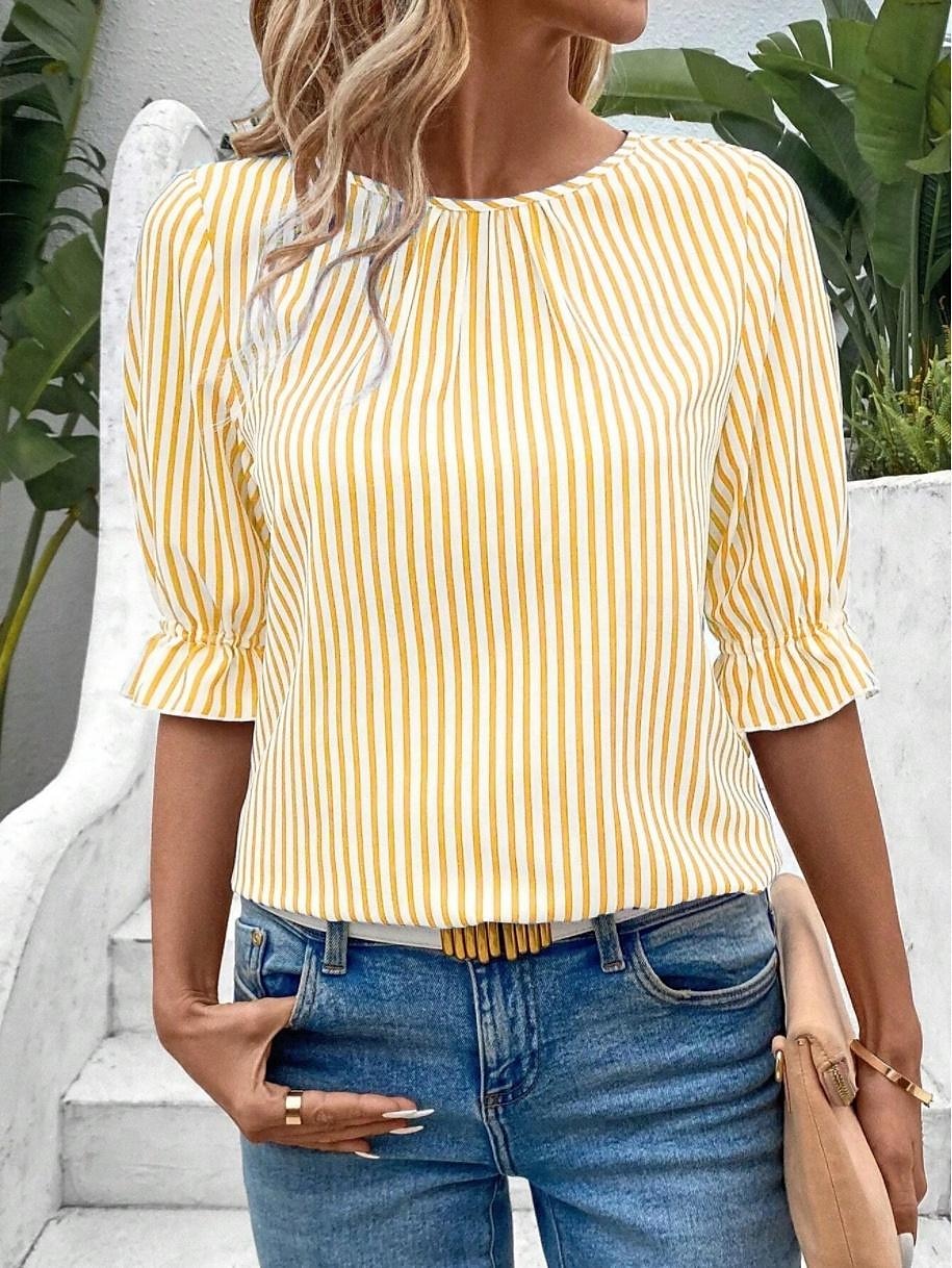 Bluse Damen Schwarz Gelb Rote Vertikale Streifen Print Täglich Elegant Rundhalsausschnitt Regular Fit Laternenärmel S 2025 - $26.99 –P2
