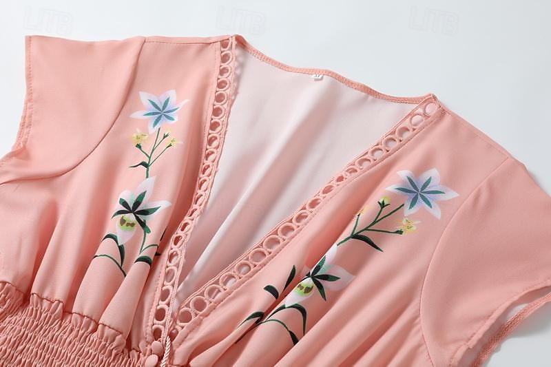 dam midiklänning bohemisk v-ringad blommig broderi elastisk midja dragsko kortärmad strandsemester rosa bekväm normal passform casual sommarkläder kläder 2025 - $30.99 –P3