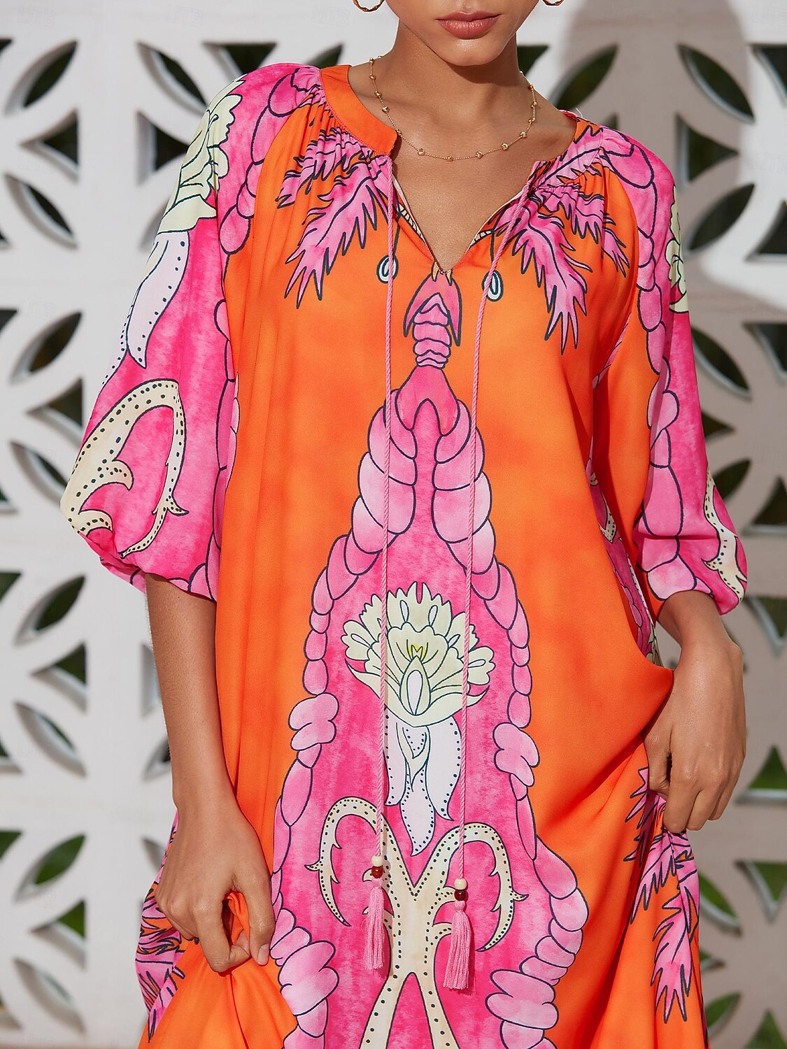 Dam Hem Maxi Maxiklänning Orange Halvlång ärm Växter Stringtrosa Sommar V-hals Klänningar Semester XS S M 2025 - $108.99 –P5