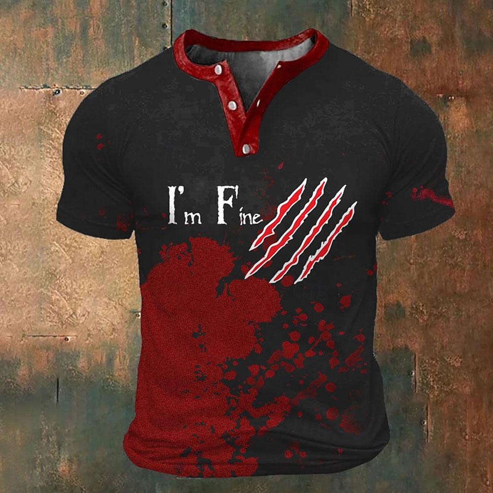 Homme Graphique Taches de sang Je vais bien T-shirt Manche Courte T-shirt Impression 3D Henley Chemise Mode Athleisure Rue Sport en Plein Air Noir / Rouge Rouge Été Printemps Vêtement Tenue S M L XL de 2026 ? $26.99 –P2