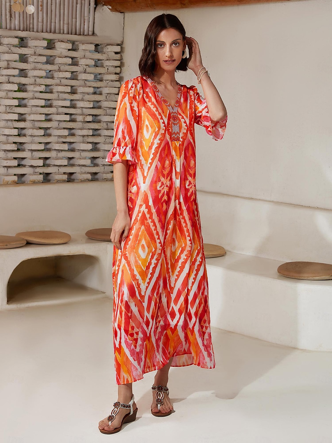 Pentru femei Rochie Midi Rochii Midi Portocaliu Manșon scurt Folk Imprimare Primavara vara În V Rochie model S M L 2026 - $113.99 –P1