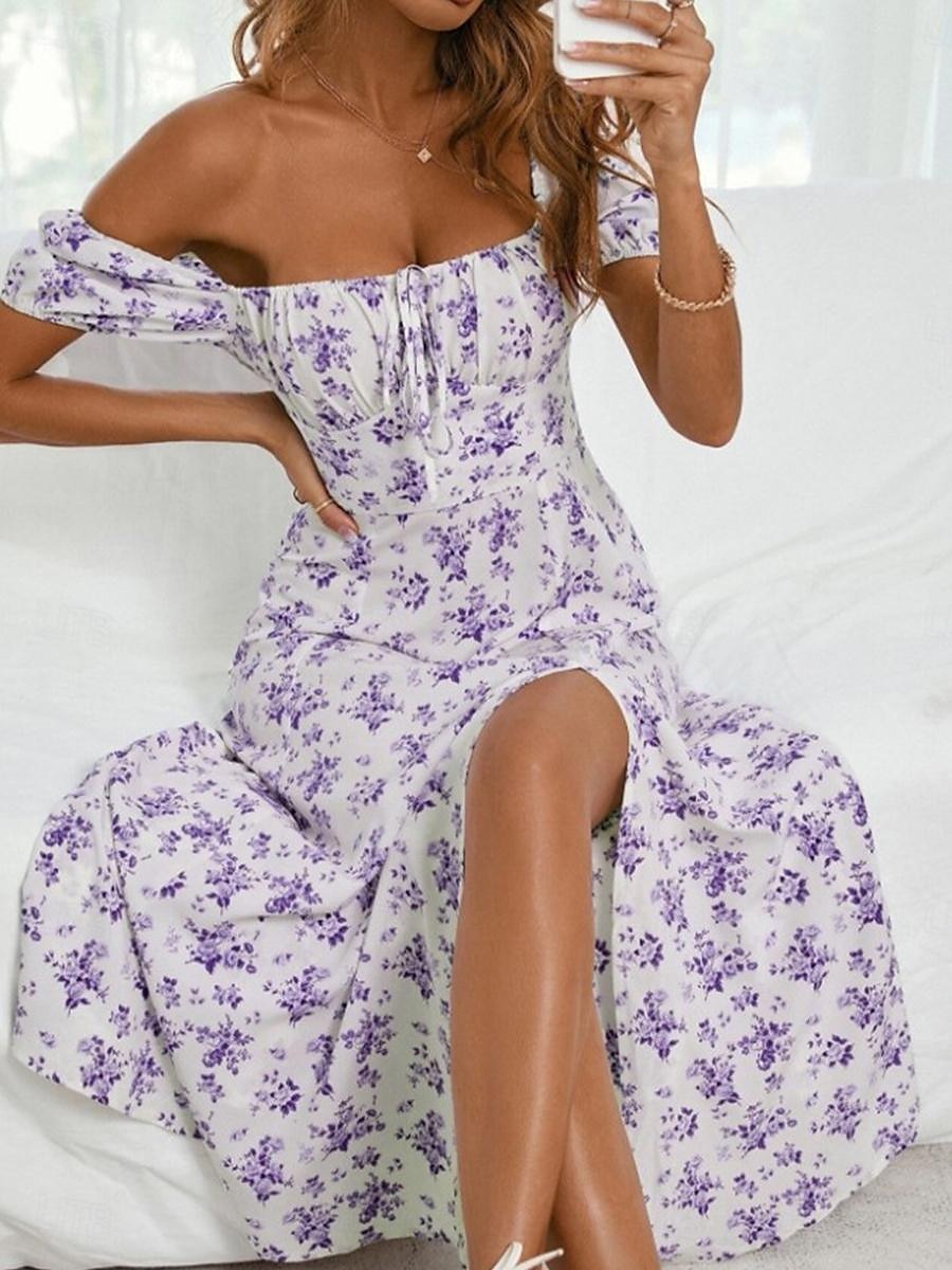 Women's Casual Dress Swing Dress Floral Split Print Square Neck Midi Dress Stylish Casual Daily Date Short Sleeve Summer 2025 - $28.99 –P14