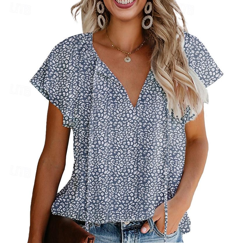 Dames Overhemd Blouse Luipaard Casual Korte mouw V-hals Normale tops Dagelijks Veters Afdrukken Zwart Geel Rood blauw Groen Zomer 2025 - $31.99 –P4