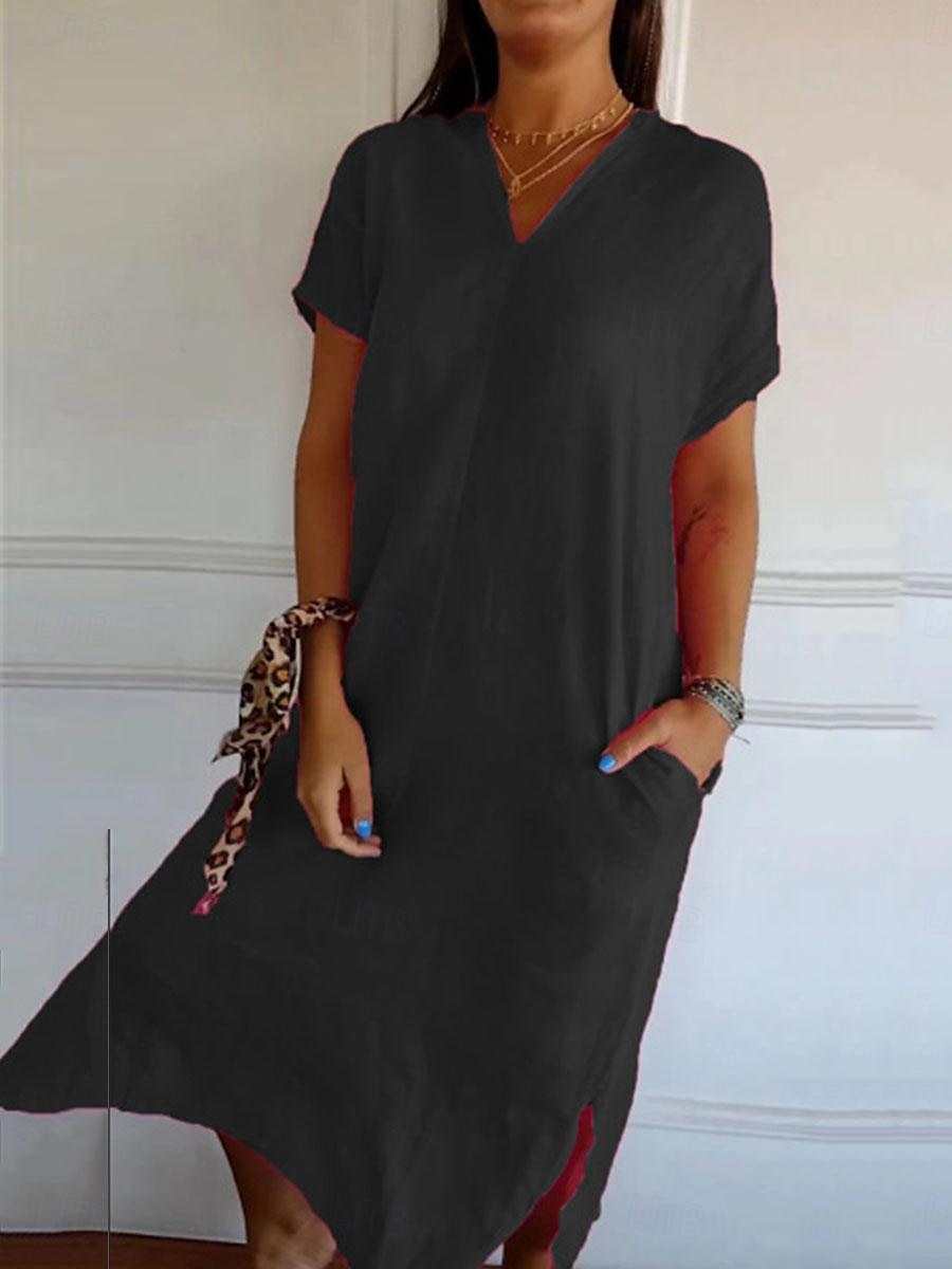 Femmes Noir Rouge Vert Été Printemps Robe Midi Robes inspirées du lin Robe Décontractée Basique Moderne Occasionnel Quotidien Week-end Coupe Ample Uni Col en V de 2025 ? $22.99 –P7