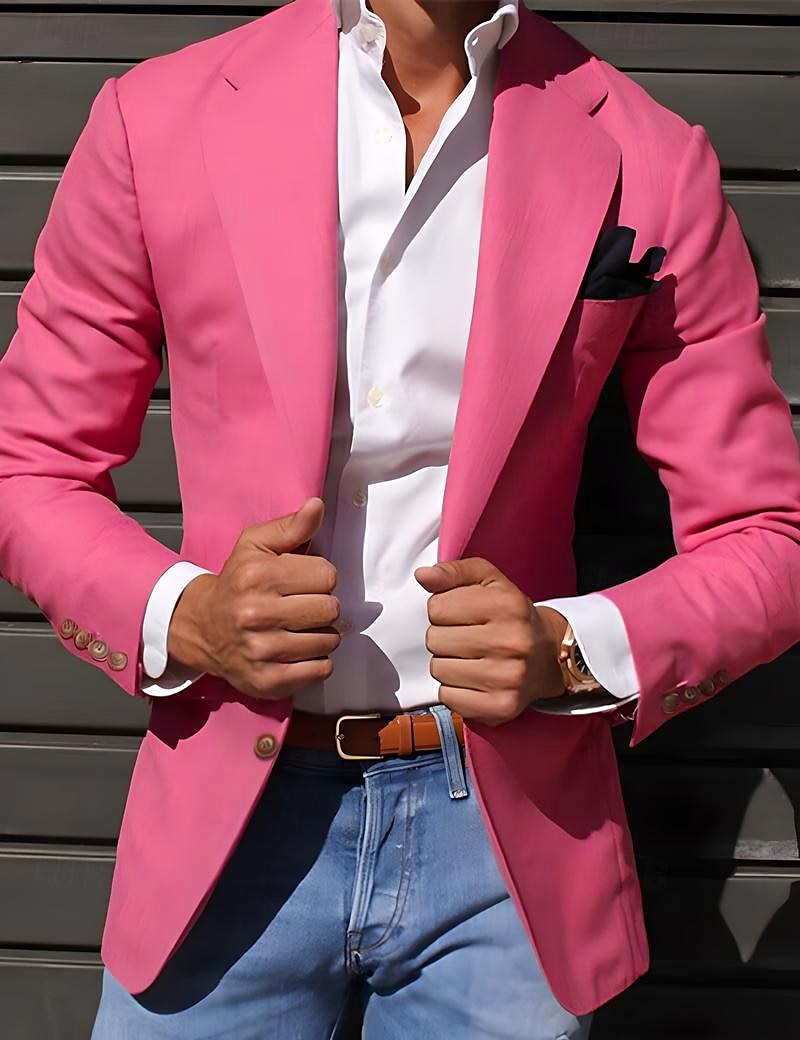 Herr Studenten Cocktailklädsel Kavaj Ceremoni Bröllopsfest Affärskläder Mode Ledigt Vår & Höst Polyester TR Slät Ficka Ledigt / vardag Enkelknäppt Blazer Ljusrosa Gul Rodnande Rosa Kungsblå 2025 - $63.99 –P9