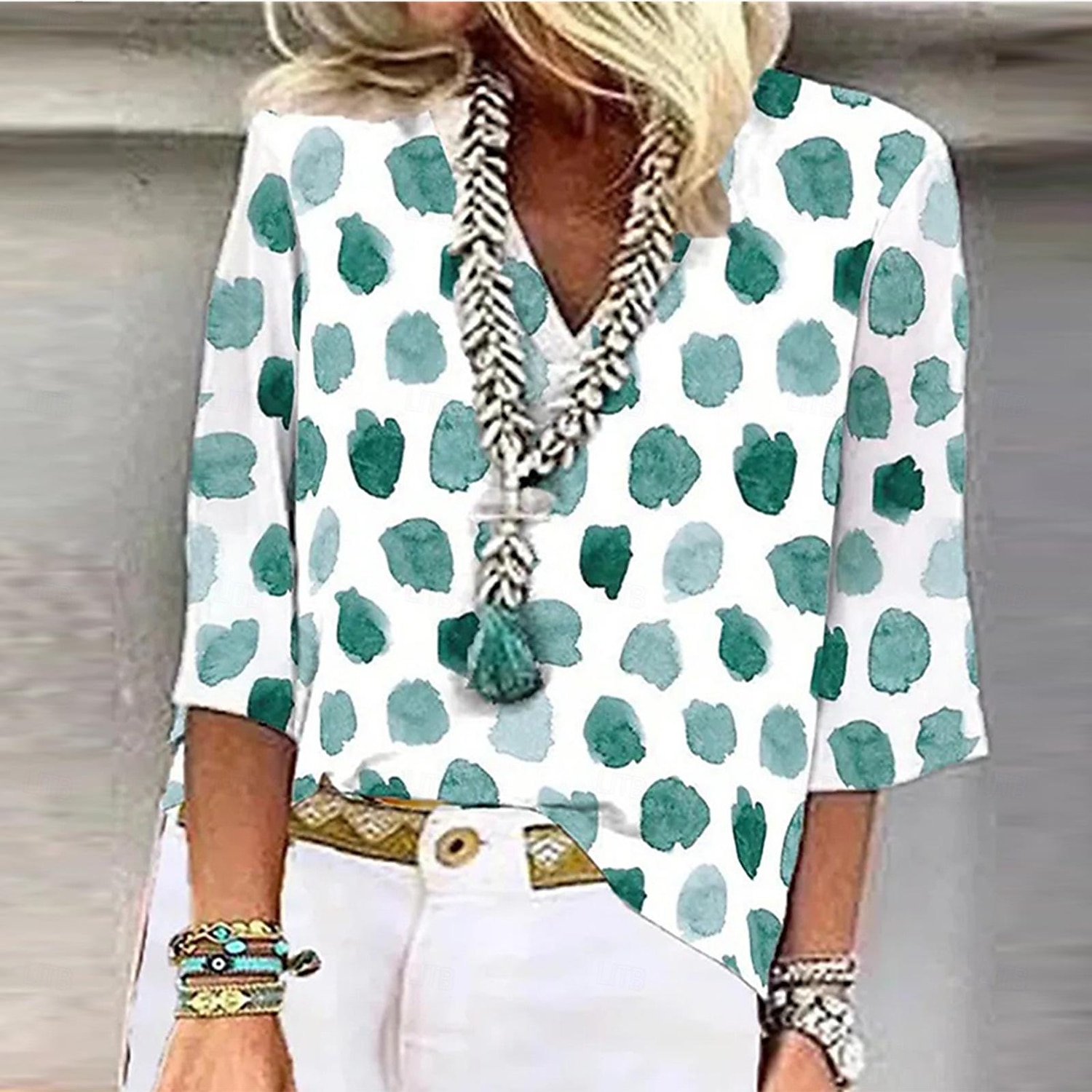 Femme T shirt Pois Mode Manches 3/4 Col V Hauts réguliers du quotidien Fin de semaine Imprimer Jaune Bleu Vert Eté de 2025 ? $27.99 –P2