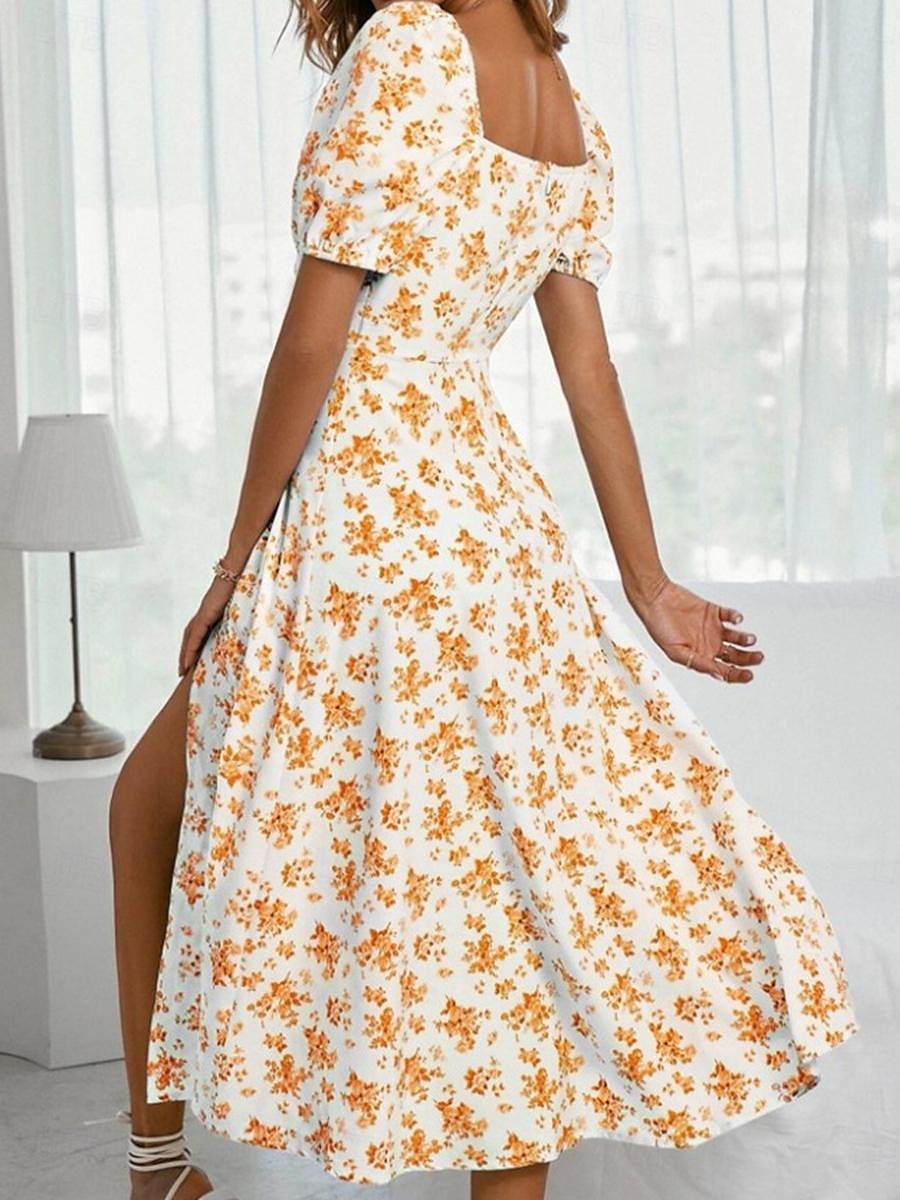 Women's Casual Dress Swing Dress Floral Split Print Square Neck Midi Dress Stylish Casual Daily Date Short Sleeve Summer 2025 - $28.99 –P16