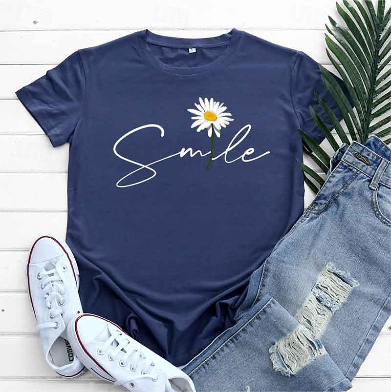 Women's T Shirt Daisy Basic Short Sleeve Round Neck Regular Tops Casual Weekend Print Black White Yellow Pink Navy Blue 2025 - $27.99 –P11