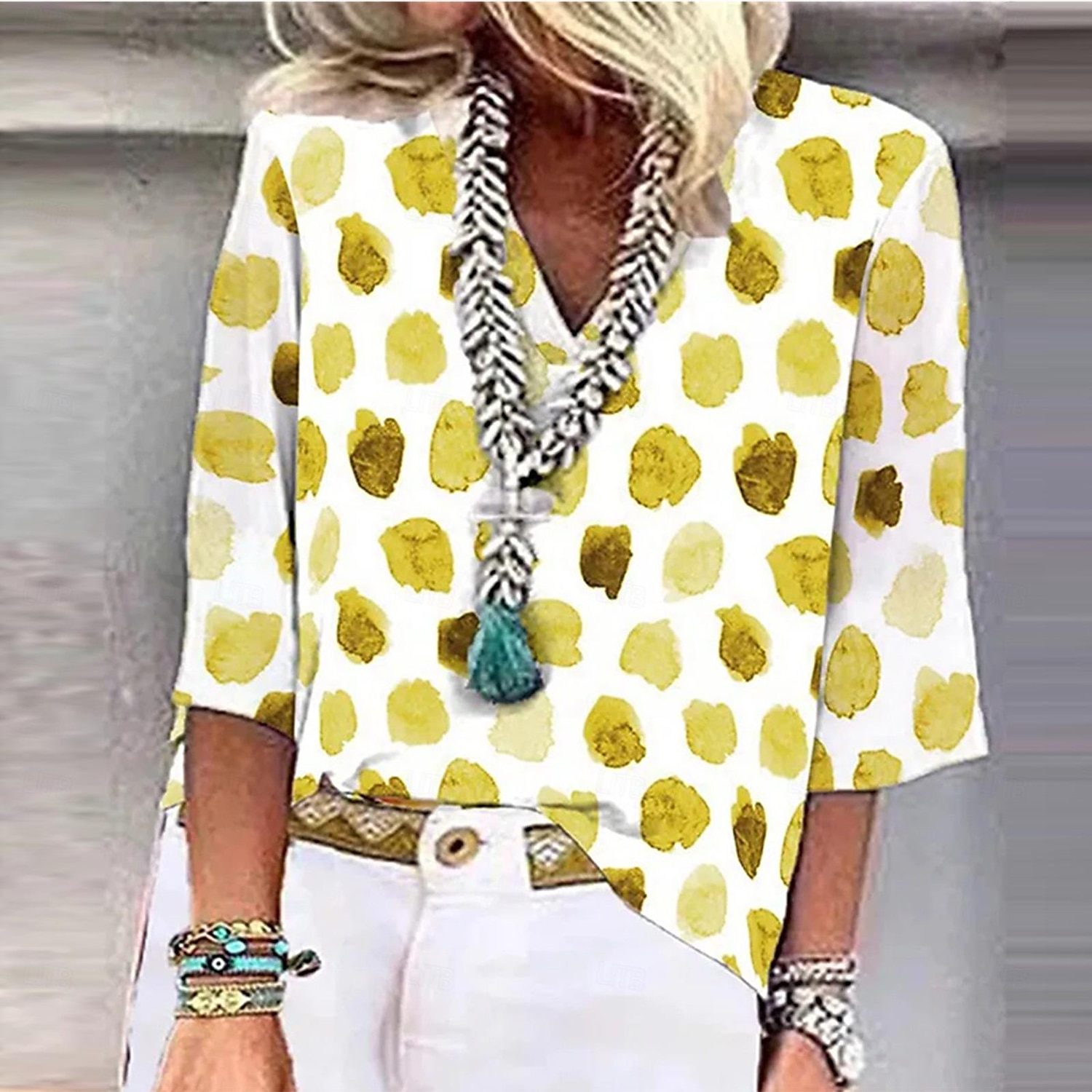 Femme T shirt Pois Mode Manches 3/4 Col V Hauts réguliers du quotidien Fin de semaine Imprimer Jaune Bleu Vert Eté de 2025 ? $27.99 –P3