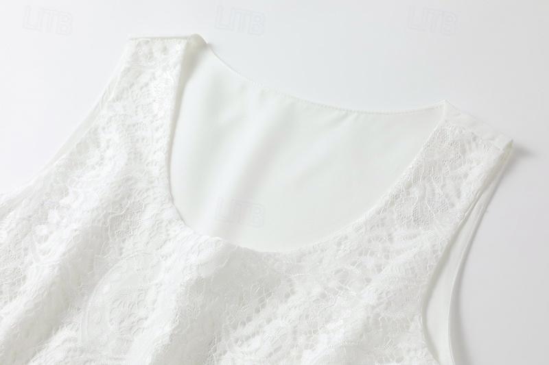 Vestido bohemio blanco para mujer, vestido de encaje, vestido con capas detalladas, sin mangas, escote redondo, blanco tostado, informal, para verano, fiesta en la playa, ropa de corte relajado 2025 - $32.99 –P1