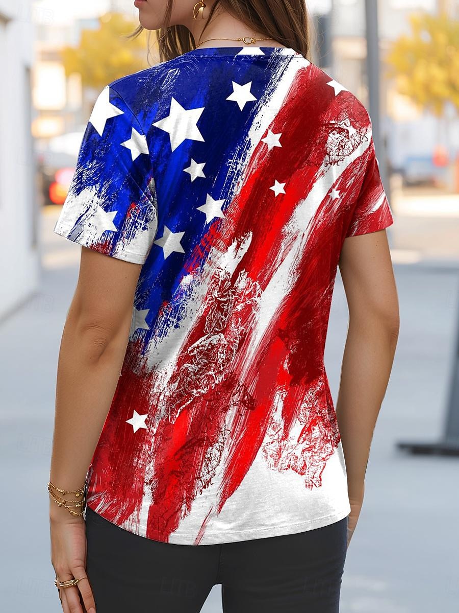 تي شيرت نسائي بطرز وطني لعيد الاستقلال علم عادي أحمر أبيض وأزرق بأكمام قصيرة ياقة V تي شيرت عادية يومية حمراء صيفية 2026 - $21.99 –P2