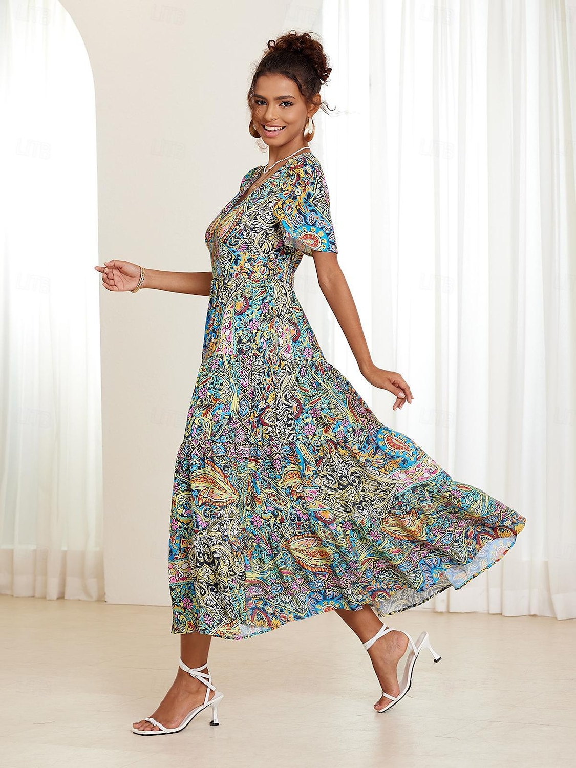robe midi bohème pour femme col en V manches courtes imprimé cachemire évasé été décontracté tissu léger et respirant coloré style bohème vacances vêtements de plage multicolore disponible en de 2025 ? $49.99 –P1