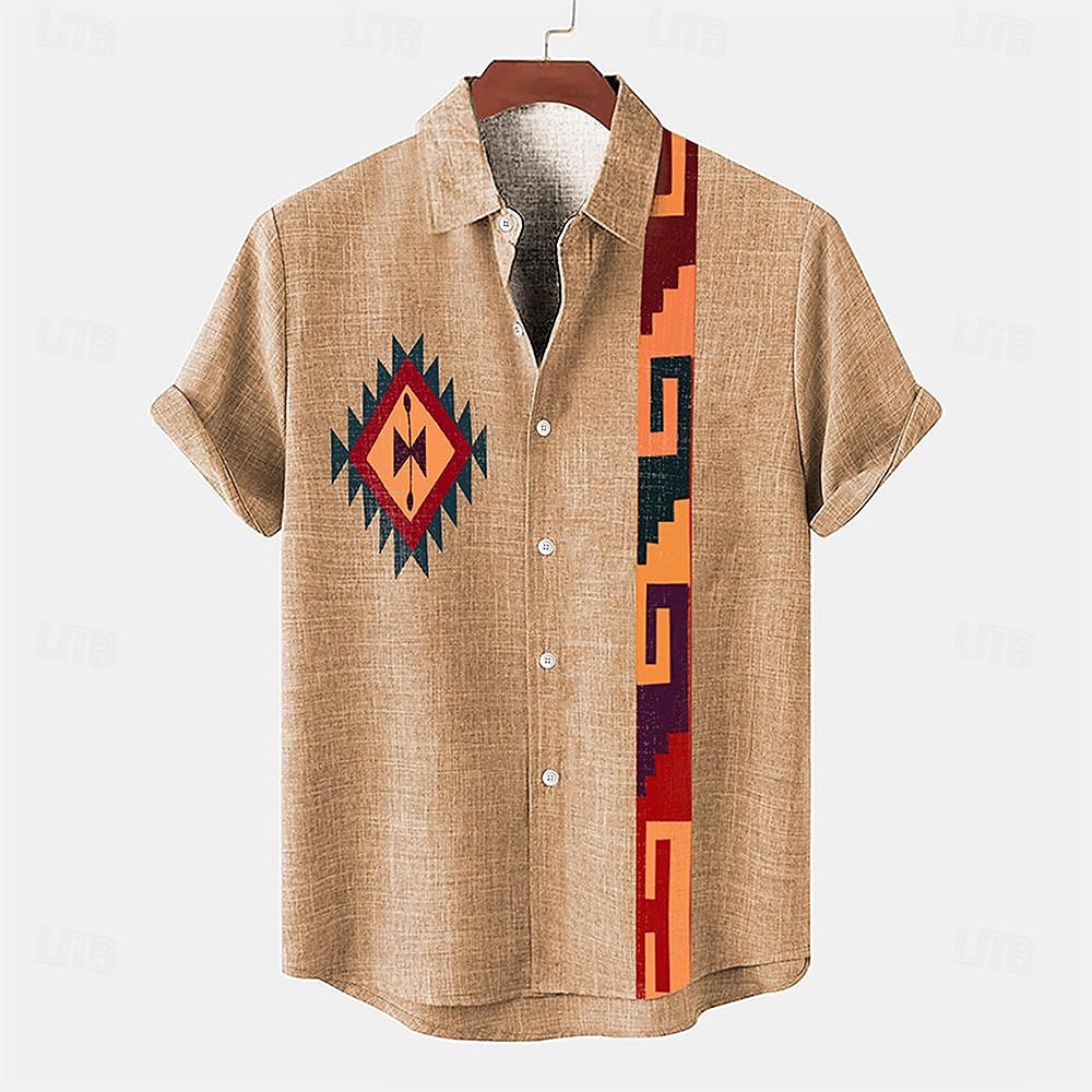 Pánské Košile plátěná košile retro košile Vintage košile Etnická košile Etno Denní Hnědá Trávová zelená Šedá Krátký rukáv Přehnutý Léto Jaro Oblečení 2025 - $26.99 –P3