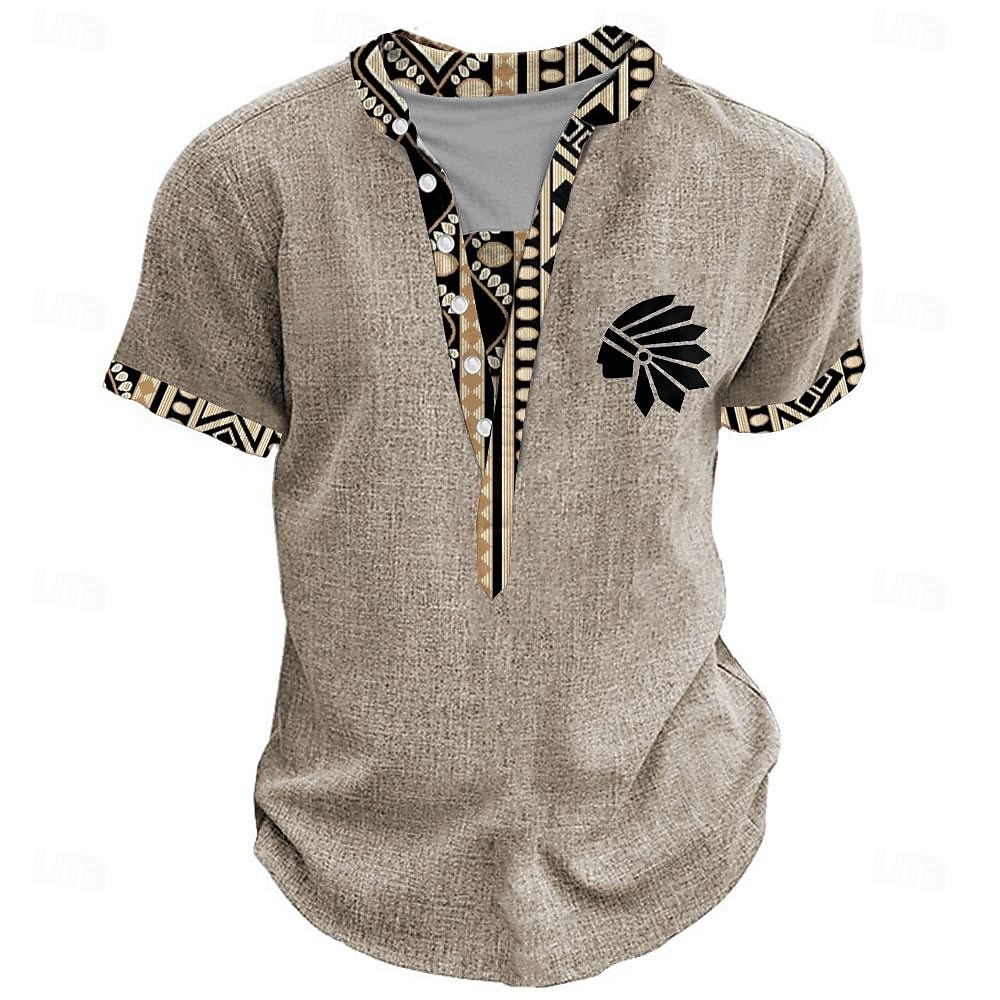 Miesten Tribaali Bandana Print T-paita Henley-paita Lyhythihainen 3D-tulostus Suunnittelija Etninen Loma Kausaliteetti Päivittäin Kesä Kevät Keltainen Apila Khaki Henley Henley T-paita 2025 - $22.99 –P3