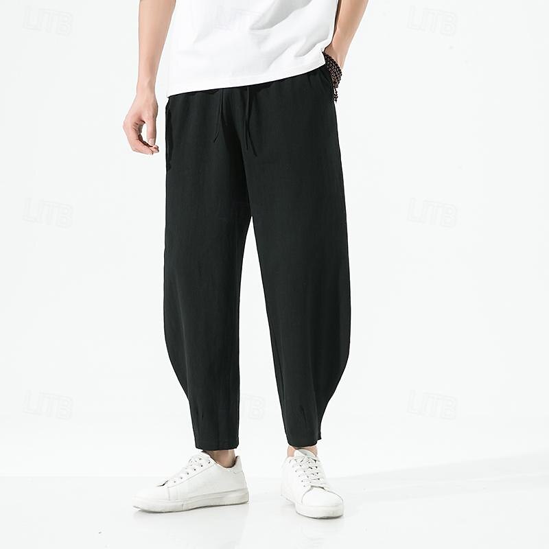 Herren Leinenhose Abgeschnittene Hose Karottenhose Freizeithose Gerade geschnitten Einfarbig Sport In voller Länge Casual Täglich Brautkleider schlicht Lockere Passform Schwarz Wein Unelastisch 2025 - $23.99 –P5