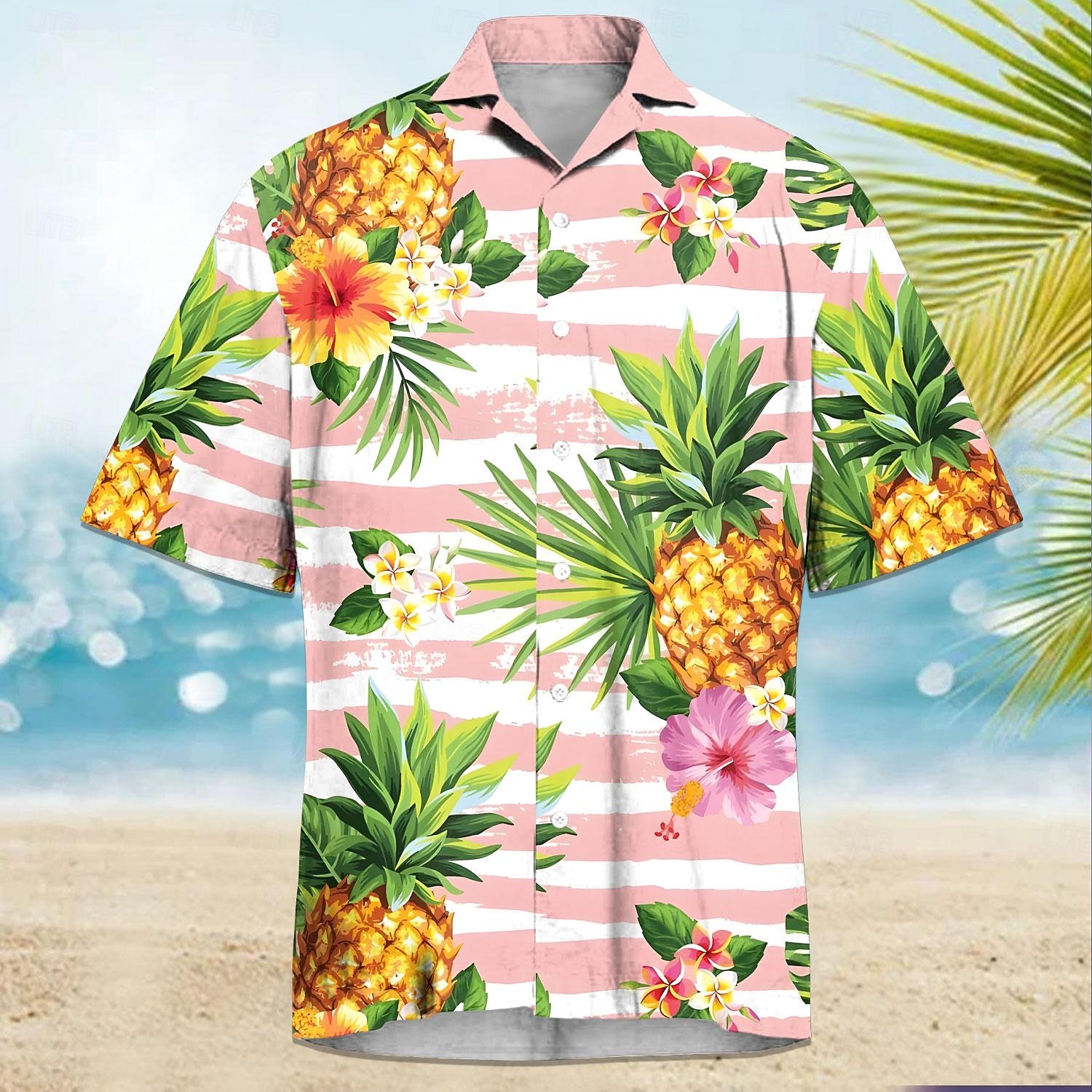 Herren Frucht Ananas Hawaiihemd Sommerhemd Aloha-Shirt Kurze Ärmel Hemd Umlegekragen Brautkleider schlicht Outdoor Urlaub Strasse Schwarz Weiß Rosa S M L 2026 - $25.99 –P5