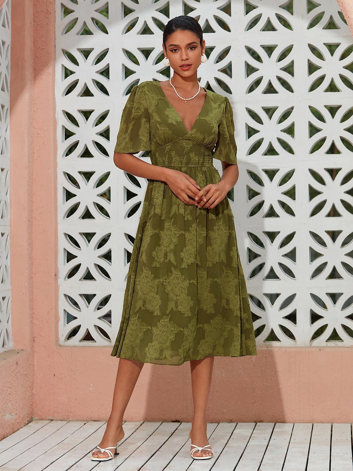 Mulheres Vestido elegante Verde Manga Curta Jacquard Jacquard Primavera Verão Decote V Vestido elegante Férias Encontro S M L de 2025 por $57.99 –P6