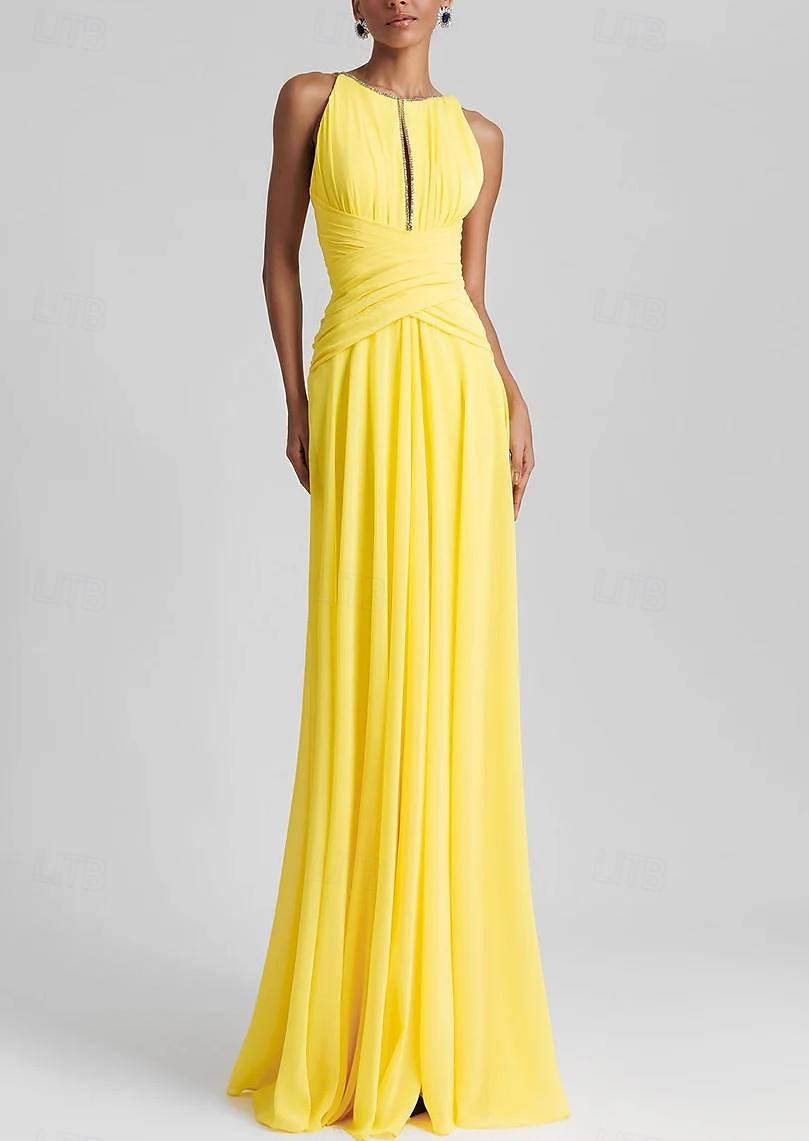 Strandbröllop A-Line Aftonklänning Elegant Klänning Formell Bröllopsgäst Golvlängd Utan Ärmar Juvelhals Chiffon med Strass Glittrande Fållar 2025 - $173.99 –P1