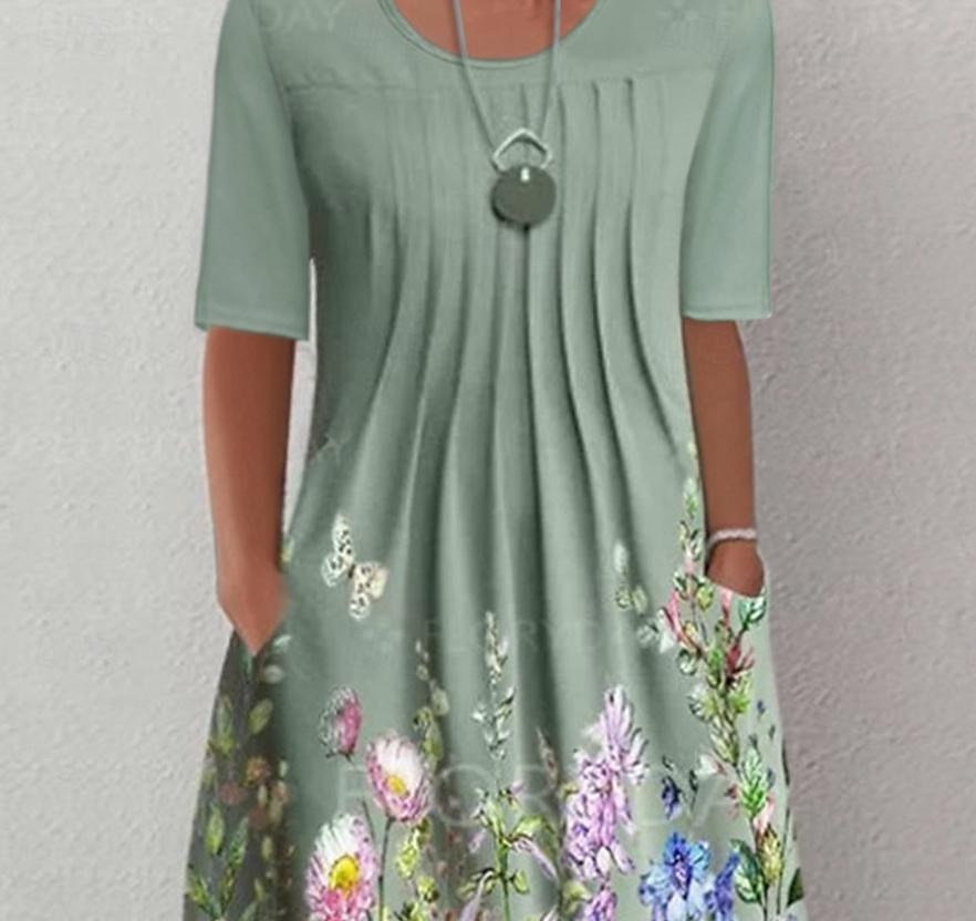 Vestito Midi Donna Vestito Casual Floreale Arricciato Stampa con Tasche Collo Giro Base Classico Quotidiano Manica Corta Estate Primavera del 2025 a $31.99 –P4