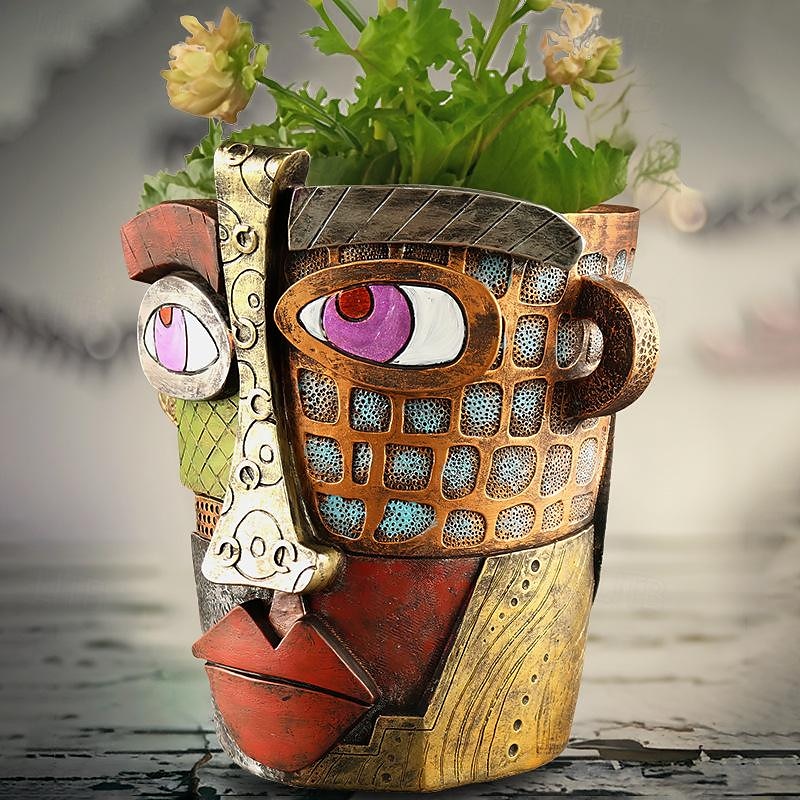 Maceta abstracta brutalista con cara de belleza, colorida maceta con cabeza de resina con asas para facilitar el movimiento, decoración artística única para plantas de interior/exterior, regalo perfecto para los amantes del arte y las plantas. 2025 - $35.99 –P2