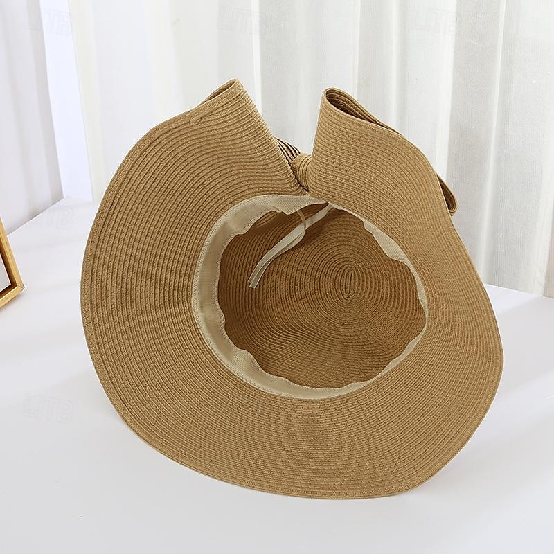 Dam Hatt Halmhatt Solhatt Bärbar Solskydd Andningsfunktion Gata Dagligen Helgen Rosett Ren färg 2025 - $16.99 –P2