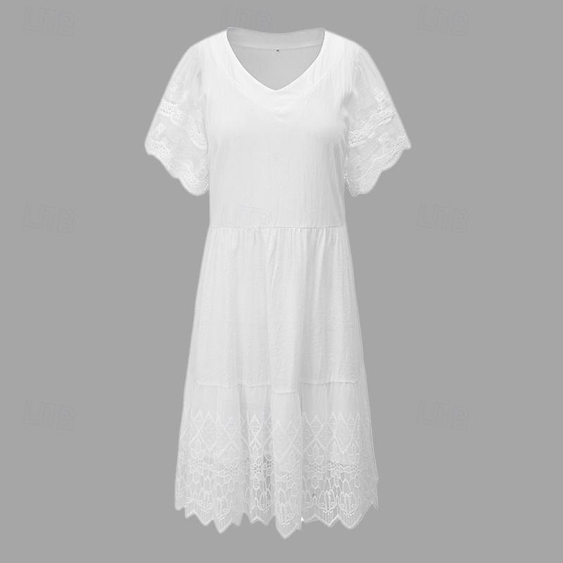 שמלת קיץ לנשים עם צווארון V עם שרוולים קצרים פרט תחרה מותן גבוה חצאית אלגנטית מזדמנת מסיבה אלגנטית כותנה לבנה התאמה נוחה למספר מידות 2026 - $26.99 –P1