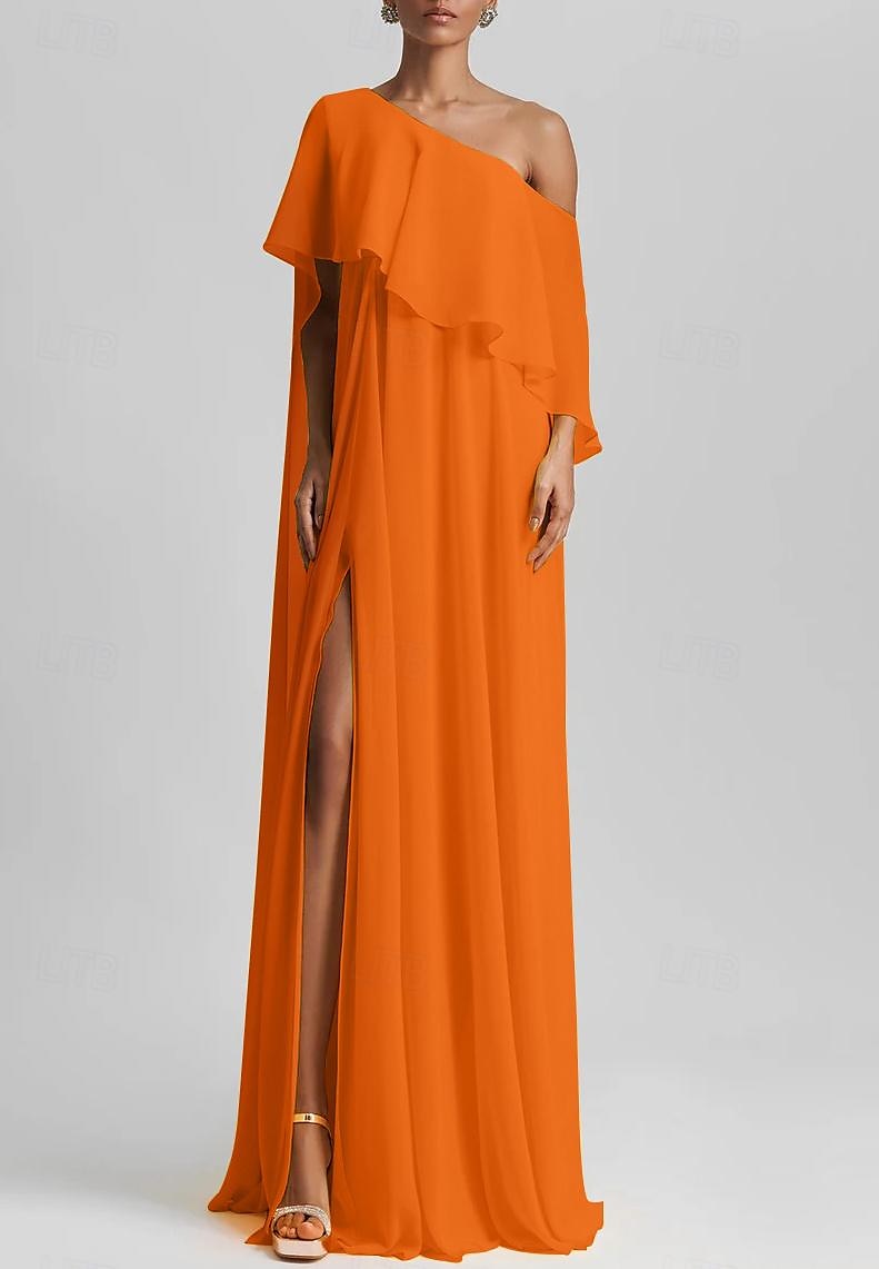 Robe de soirée A-Ligne Robe Élégante Robe de mariage à la plage Invité de mariage Formelle Longueur de sol Sans manches Épaule unique Chiffon extensible avec Volants Fente 2025 de 2025 ? $167.99 –P2