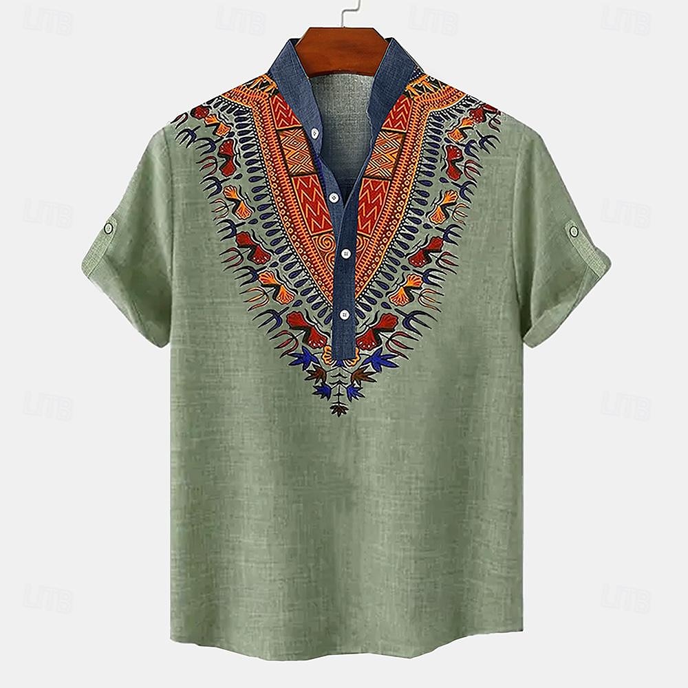 Men's Linen Shirt Henley Shirt Retro Shirts Vintage Shirt Ethnic Shirt Ethnic Vacation Daily Blue Green Khaki Short Sleeve Mandarin Collar Summer Spring Clothing Apparel Print 2025 - $27.99 –P5