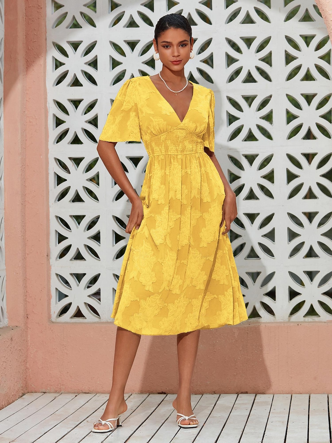 Mulheres Vestido elegante Verde Manga Curta Jacquard Jacquard Primavera Verão Decote V Vestido elegante Férias Encontro S M L de 2025 por $57.99 –P18