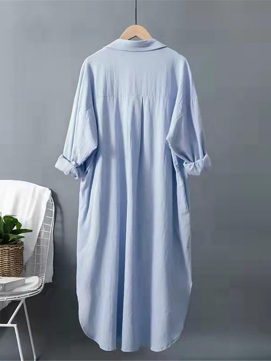 Women's White Dress Shirt Dress Cotton Linen Dress Midi Dress Office Vacation Linen Basic Casual Shirt Collar Button Long Sleeve Summer Spring Loose Fit Plain 2025 - $39.99 –P13
