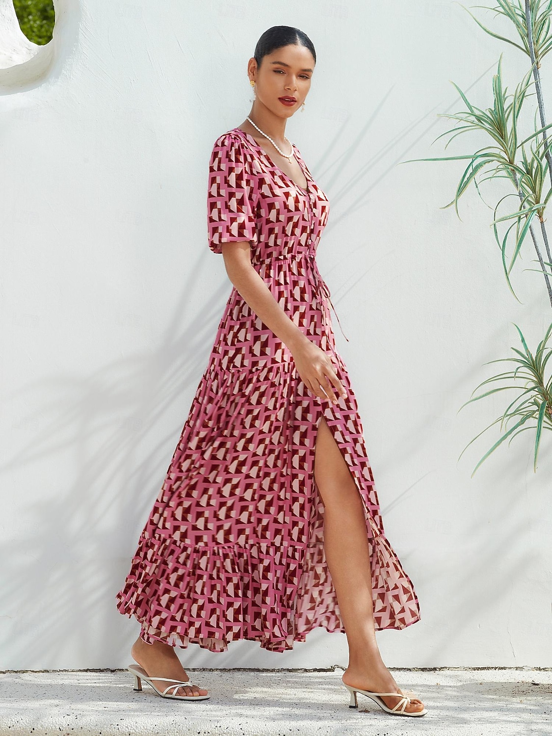 Mulheres Roupas de resort Vestido Longo Vestido Maxi Rosa Manga Curta Geométrico Com Cordão Primavera Verão Decote V férias na praia S M L de 2025 por $124.99 –P5