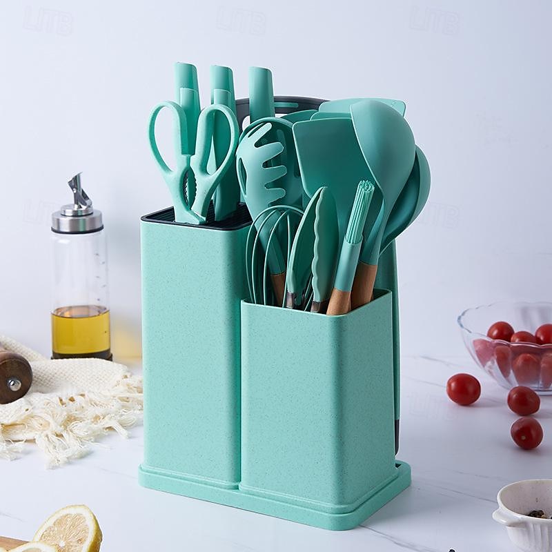 19 Pcs Kitchen Cooking Utensils and Knife Set with Block, Include 11 Pcs Silicone Cooking Utensils Set 5 Pieces Sharp Stainless Steel Chef Knives Scissors Whisk Tongs and Cutting Board 2024 - $25.99 –P6