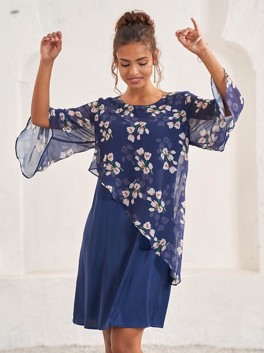 Damen Hochzeitsgastkleid A-Linien-Kleid elegantes geblümtes Midikleid Chiffon ausgestellte Ärmel Rundhalsausschnitt Patchwork normale Passform Hochzeitsgast Cocktailparty blau Sommer 2025 - $12.99 –P7