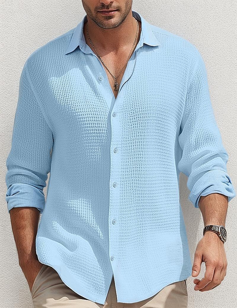Herren Hemd Sommerhemd Knopfhemd Lässiges Hemd Waffel-Shirt Schwarz Weiß Blau Kaki Langarm Glatt Kargen Täglich Urlaub Bekleidung Modisch Brautkleider schlicht Komfortabel 2025 - $28.99 –P4