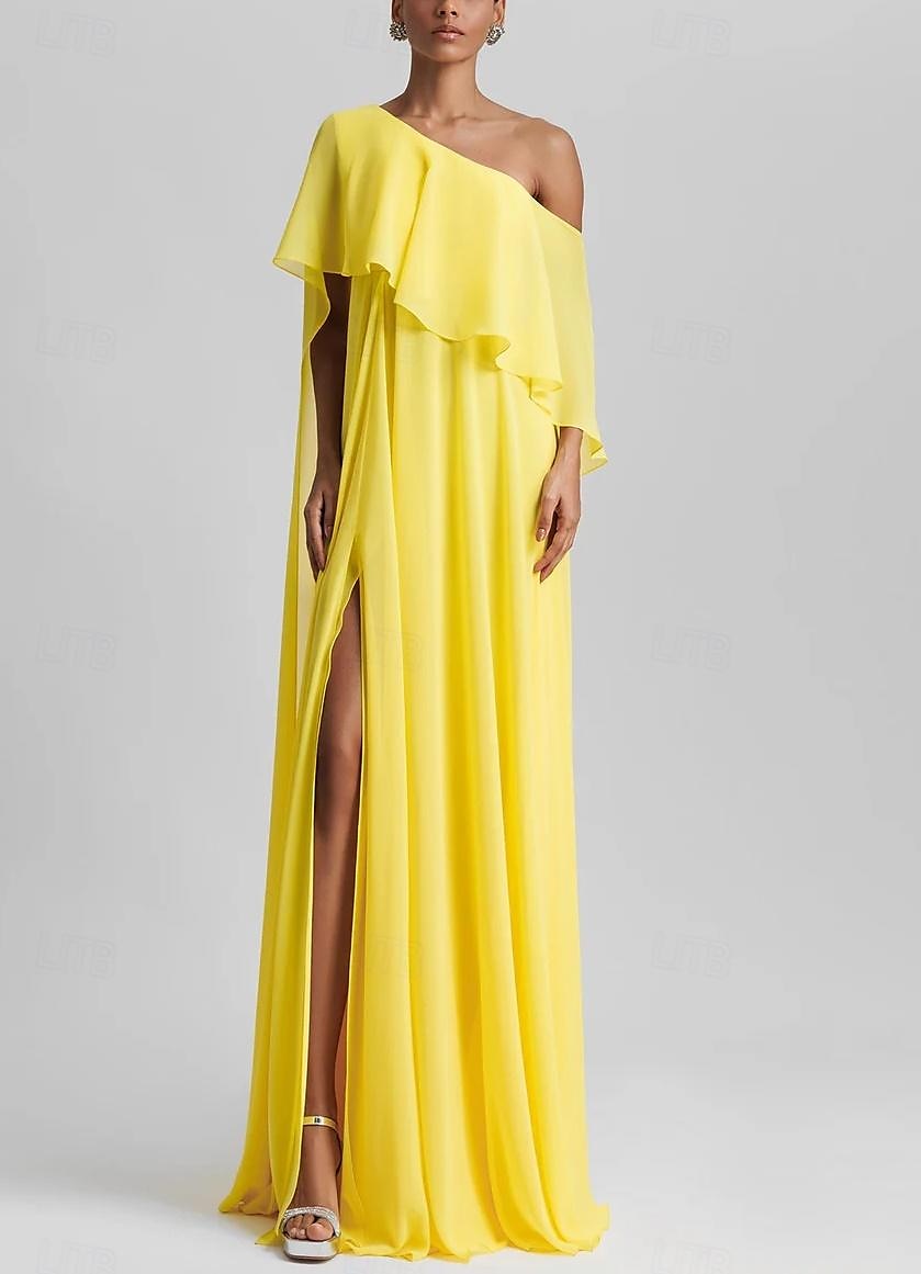 Robe de soirée A-Ligne Robe Élégante Robe de mariage à la plage Invité de mariage Formelle Longueur de sol Sans manches Épaule unique Chiffon extensible avec Volants Fente 2025 de 2025 ? $167.99 –P1
