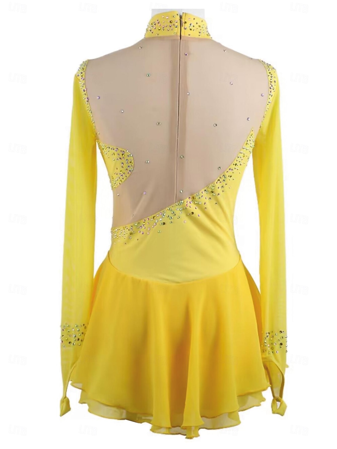 Figure Skating Dress Women's Girls' Ice Skating Dress Yellow Patchwork Thumbhole Mesh Spandex Stretchy Training Practice Professional Skating Wear Thermal Warm Crystal / Rhinestone Long Sleeve Ice 2025 - $158.99 –P2