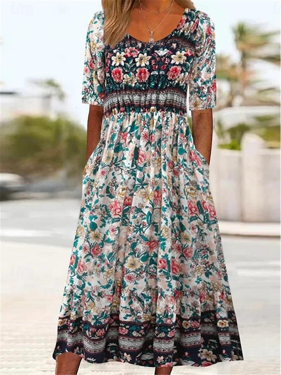 Pentru femei Rochii Midi Rochie casual Rochie de vară Rochie Boho Έθνικ Casual Vacanță Zilnic Dată Fit regulat Floral Manșon scurt Stil Nautic Alb Bleumarin Albastru regal Albastru piscină Vară 2025 - $39.99 –P1