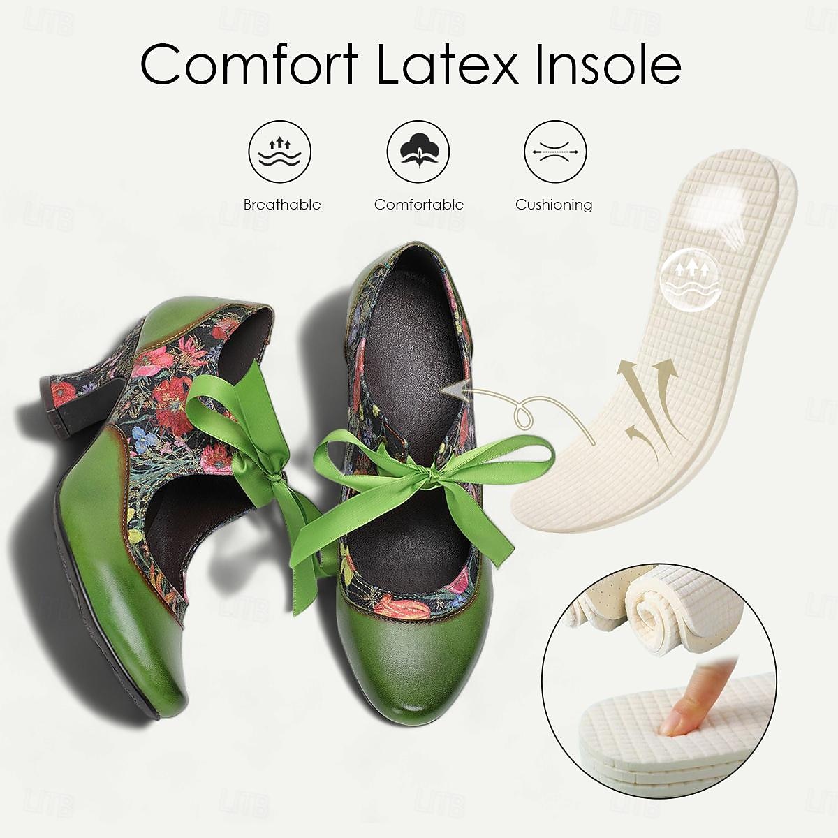 Women's Green Leather Mary Jane Heels with Floral Print, Ribbon Ties, and Retro Style - Perfect for Vintage-Themed Events and Daily Elegance 2026 - $84.99 –P5