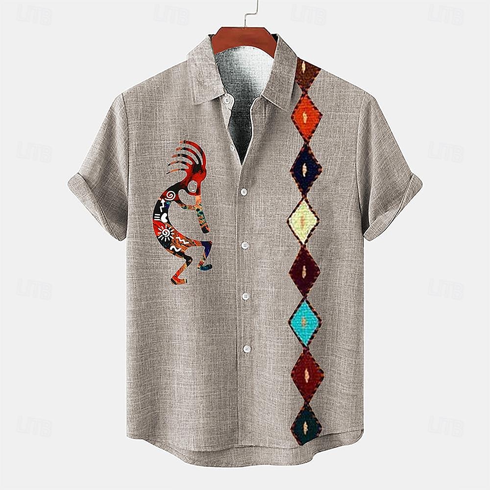Herren Hemd leinenhemd Retro-Shirts Vintage-Shirt Ethnisches Hemd Südwestlicher Druck Täglich Grün Kaki Grau Kurzarm Umlegekragen Sommer Frühling Bekleidung 2025 - $26.99 –P5