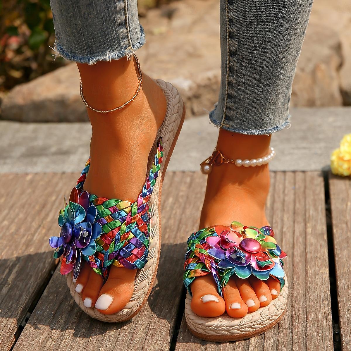 Women's Colorful Bohemian Flower Sandals – Handmade Woven Slip-On Flats for Beach & Summer Casual Wear 2025 - $24.99 –P1