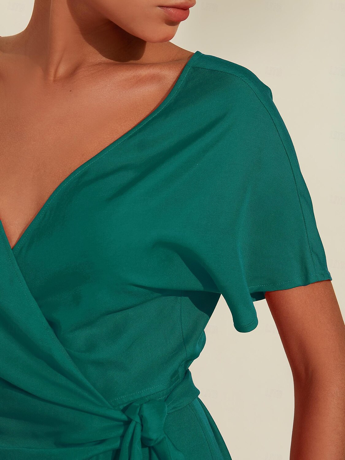 Robe midi portefeuille froncée en lin tencel pour femme orange rouge col en V de 2025 ? $119.99 –P15