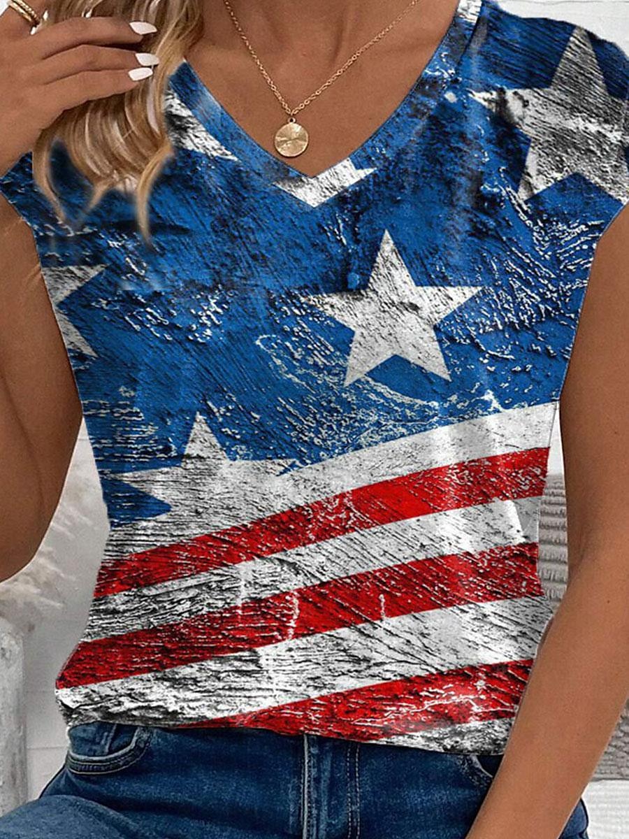 Kvinners patriotiske cami-top amerikansk flagg uformell kort erm V-hals vanlige topper daglig blå sommer 2025 - $17.99 –P3