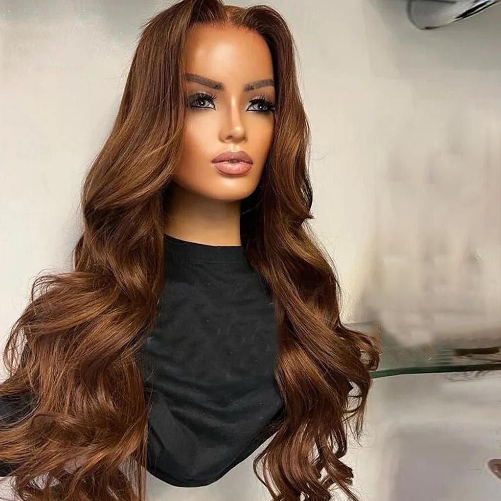 Perruque Cheveux vierges non transformés 13x4 devant en dentelle Cheveux Brésiliens Ondulé Marron Partie libre Femme Densité 130% 150% avec des cheveux de bébé Ligne de Cheveux Naturelle 100% vierge de 2025 ? $215.69 –P2