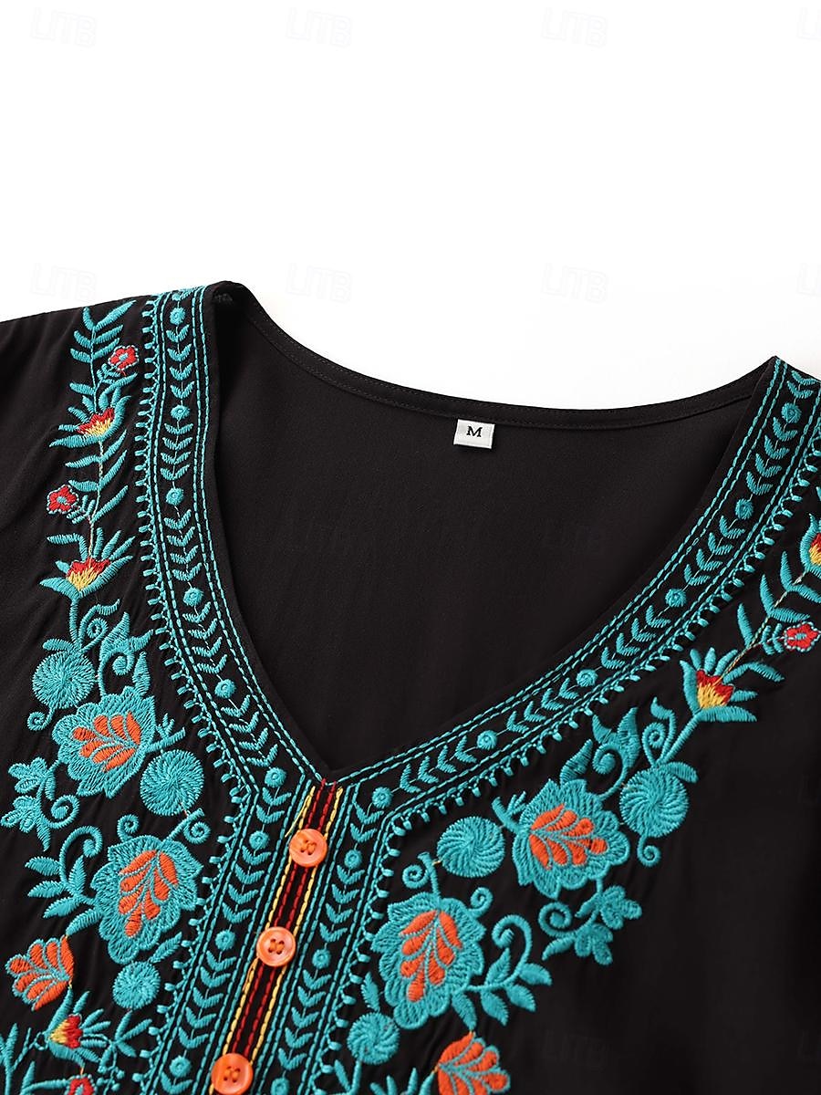 kvinners etnisk brodert tunika topp svart med turkis blomsterbroderi 3/4-ermet hakk i halsen dekorativ knapp foran casual til sosialt slitasje lett avslappet passform multi-size 2025 - $36.99 –P8
