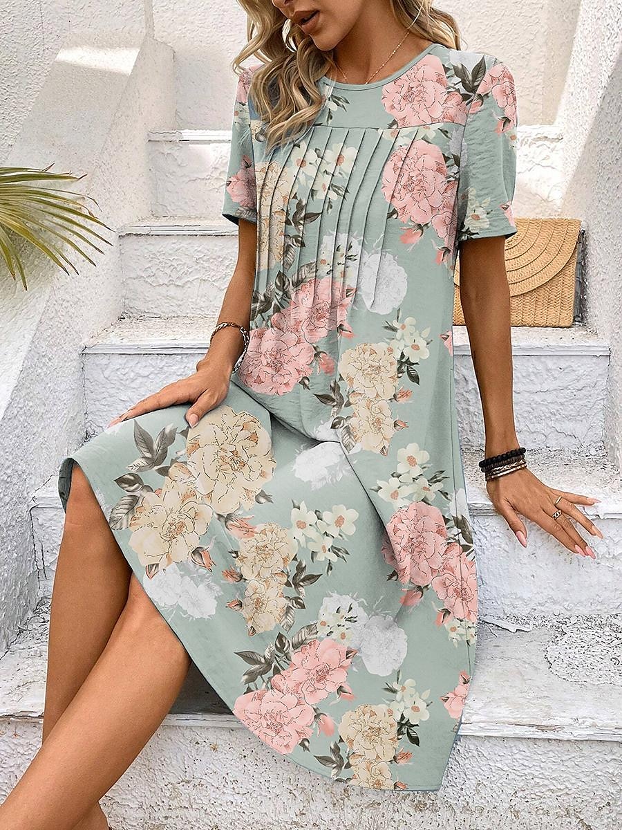 Frauen Mini Kleid Blumenmuster Rundhals Kurze Ärmel Sommer 2025 - $31.99 –P1